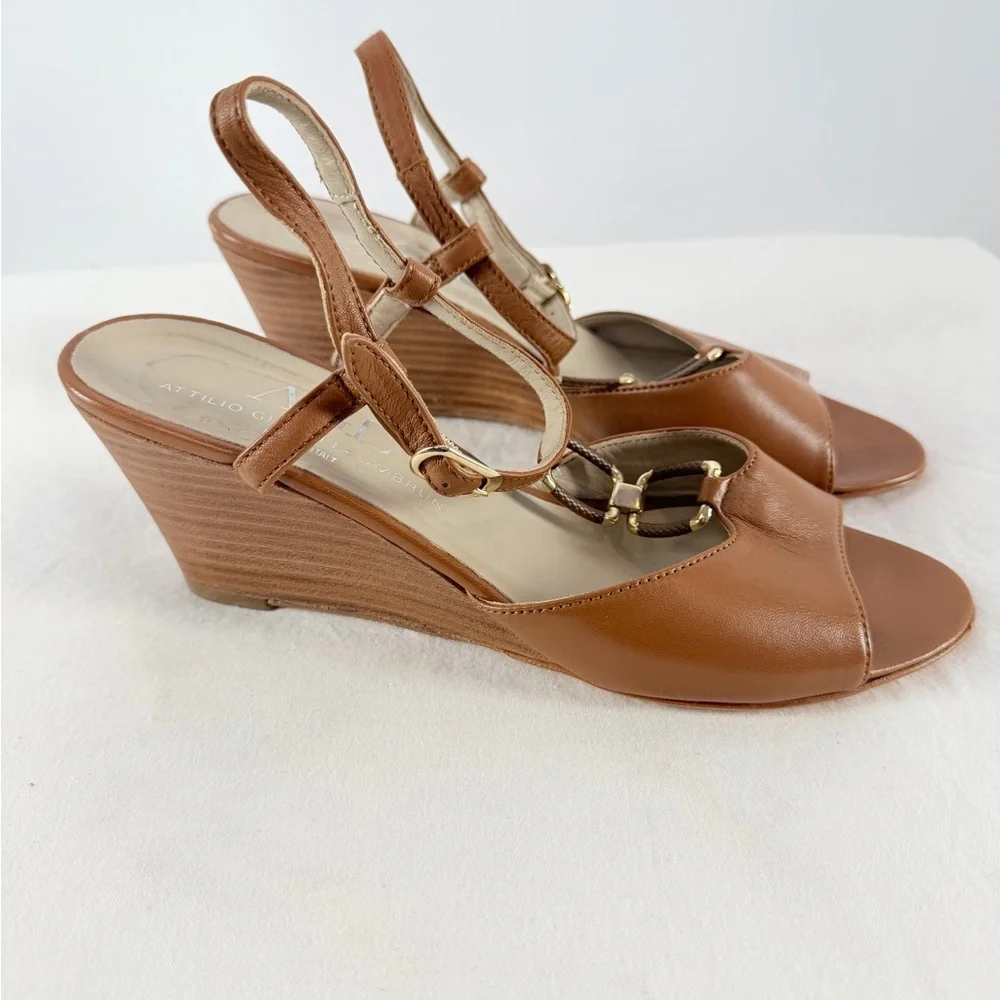 AGL Attilio‎ Giusti Leombruni Leather Strappy Wedge Sandal in Brown Size 8.5